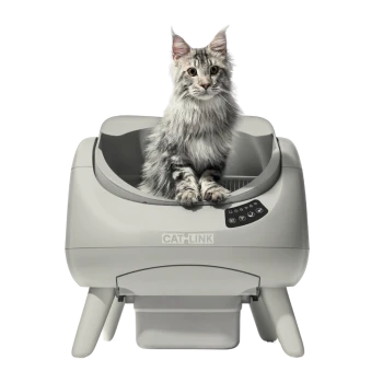 Langhaarige grau-getigerte Katze sitzt in einer weißen automatischen Katzentoilette mit Aufschrift CATLINK, zeigt Symbole des Bedienfelds