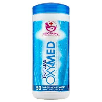TropiClean OxyMed Allergy Relief Wipes container with blue design, claims to soothe itching; contains 50 large wipes.