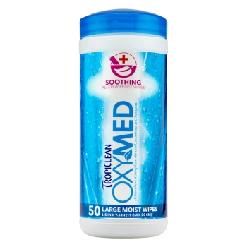 TropiClean OxyMed Allergy Relief Wipes container with blue design, claims to soothe itching; contains 50 large wipes.