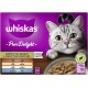 Whiskas Pure Delight Katzenfutterverpackung zeigt eine Nahaufnahme einer grauen getigerten Katze, einer Schüssel mit Fleisch in Gelee und mehrsprachigem Zutatentext.