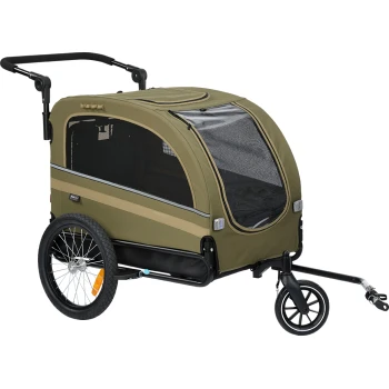 Ein grüner Haustierwagen mit einem Netz vorne und oben, mit einem stabilen Griff und zwei großen Rädern, entworfen für den Transport von Haustieren.