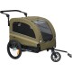 Ein grüner Haustierwagen mit einem Netz vorne und oben, mit einem stabilen Griff und zwei großen Rädern, entworfen für den Transport von Haustieren.