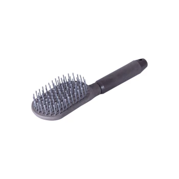 Eine graue Haustierpflegebürste mit einem runden Kopf und Metallborsten, entworfen zum Entwirren von Fell.