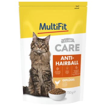Eine Tüte MultiFit Katzenfutter mit der Aufschrift "CARE ANTI-HAIRBALL", die eine flauschige Katze auf der Vorderseite zeigt, mit einer Schüssel Trockenfutter darunter.