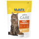 Eine Tüte MultiFit Katzenfutter mit der Aufschrift "CARE ANTI-HAIRBALL", die eine flauschige Katze auf der Vorderseite zeigt, mit einer Schüssel Trockenfutter darunter.