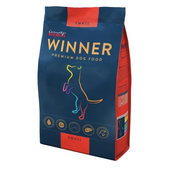A bag of "Winner" premium dog food for small dogs, featuring a colorful silhouette of a dog and icons for nutritional benefits.
