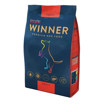 A bag of "Winner" premium dog food for small dogs, featuring a colorful silhouette of a dog and icons for nutritional benefits.