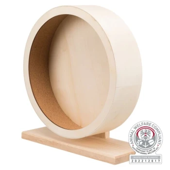 Holz-Laufrad für kleine Haustiere, mit einer glatten Oberfläche und Korkinnenseite, mit einem Tierschutzsiegel.