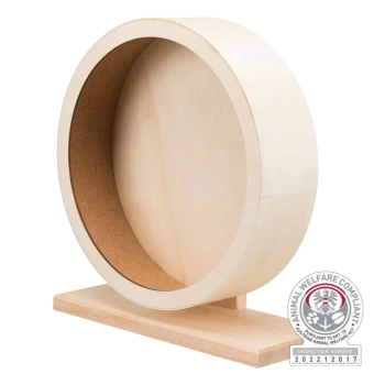 Holz-Laufrad für kleine Haustiere, mit einer glatten Oberfläche und Korkinnenseite, mit einem Tierschutzsiegel.