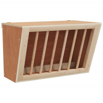 Holz-Haustierfutterspender mit lamellenartigem Design, das eine natürliche Holzoberfläche und eine geneigte Oberseite für einfachen Zugang bietet.