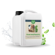 Weißer Behälter mit Pferdehautpflegespray mit einem Bild eines Pferdes und Aloe Vera Blättern, beschriftet "Pferde Hautpflegespray."
