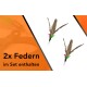 Zwei Feder-Spielzeuge für Haustiere auf einem orangefarbenen Hintergrund, mit dem Text "2x Federn im Set enthalten".