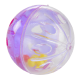 Colorful translucent pet toy ball with holes, featuring a mix of purple, pink, and yellow colors inside.