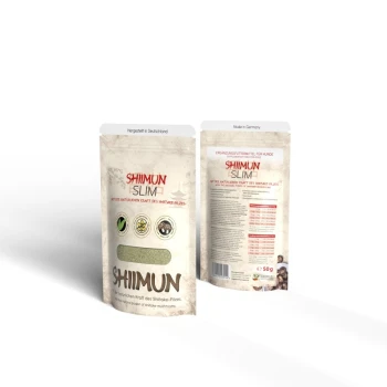 Verpackung für "Shiimun Slim", ein Haustierergänzungsmittel mit dem Shiitake-Pilz, mit Symbolen für natürliche Inhaltsstoffe und gesundheitliche Vorteile.