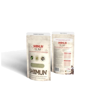 Verpackung für "Shiimun Slim", ein Haustierergänzungsmittel mit dem Shiitake-Pilz, mit Symbolen für natürliche Inhaltsstoffe und gesundheitliche Vorteile.