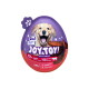 Lila eiförmige Haustiersnack-Verpackung mit fröhlichem Golden Retriever und Text „JOY & TOY!“, „2 in 1 Snack + Toy“, „92 % RIND“.
