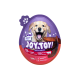 Lila eiförmige Haustiersnack-Verpackung mit fröhlichem Golden Retriever und Text „JOY & TOY!“, „2 in 1 Snack + Toy“, „92 % RIND“.