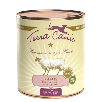 Dose Terra Canis Hundefutter mit Lamm, Zucchini, Hirse und Dill, beschriftet mit "100% Natur" und "Hausmannskost für Hunde."