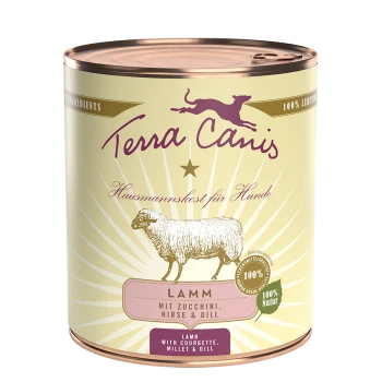 Dose Terra Canis Hundefutter mit Lamm, Zucchini, Hirse und Dill, beschriftet mit "100% Natur" und "Hausmannskost für Hunde."