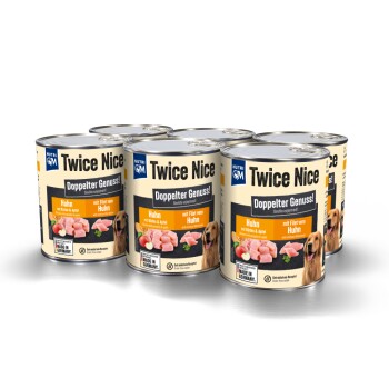 Sechs Dosen Nutri QM Twice Nice Hundefutter mit Huhn, Kürbis und Apfel, beschriftet mit "Doppelter Genuss!" und "Made in Germany."