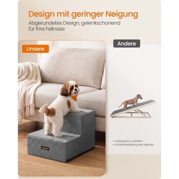 Kleiner Hund auf grauer Haustiertreppe mit zwei Stufen neben einer beigen Couch; deutscher Werbetext: 'Design mit geringer Neigung', 'Unsere', 'Andere'.