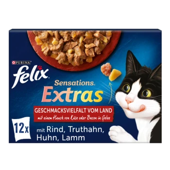 Verpackung von Purina Felix Sensations Extras Katzenfutter, mit einer schwarz-weißen Katze und Geschmäckern: Rind, Truthahn, Huhn und Lamm in Gelee.