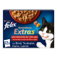 Opakowanie karmy dla kotów Purina Felix Sensations Extras, prezentujące czarno-białego kota i smaki: wołowina, indyk, kurczak i jagnięcina w galaretce.