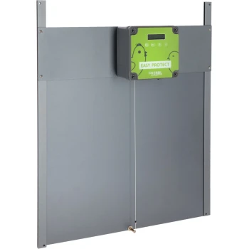 Graues Metall-Elektrozaunpaneel für Geflügel mit grünem „Easy Protect“-Steuergerät von Kerbl.