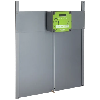 Graues Metall-Elektrozaunpaneel für Geflügel mit grünem „Easy Protect“-Steuergerät von Kerbl.