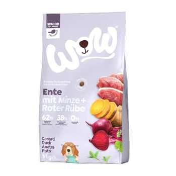 Hundefutterbeutel mit der Aufschrift "WOW", der Ente, Minze und Rote Beete enthält. Enthält 62% tierisches Protein, 38% pflanzliches Protein, 0% Getreide.