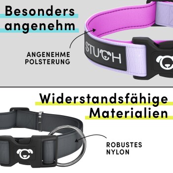 Hundehalsband mit lila Polsterung, beschriftet mit "STUCH," betont Komfort und Haltbarkeit mit "Besonders angenehm" und "Widerstandsfähige Materialien."