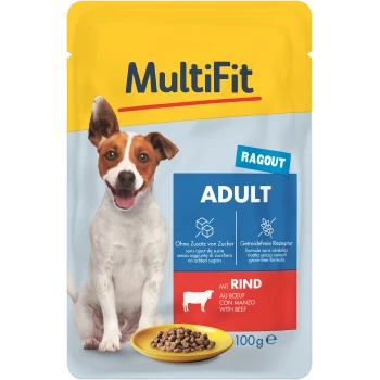 Gelber und blauer "MultiFit" Tierfutterbeutel mit einem Hund, Rindfleischgeschmack, getreidefrei und ohne zugesetzten Zucker.