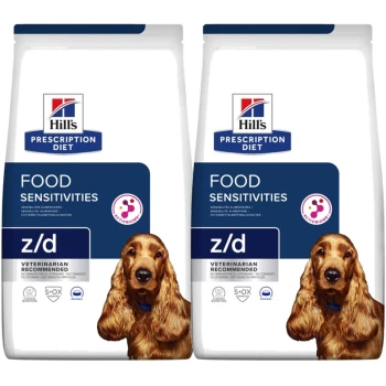 Sacs de nourriture pour chiens Hill's Prescription Diet z/d Food Sensitivities mettant en vedette un cocker spaniel doré, étiquetés "Recommandé par les vétérinaires."
