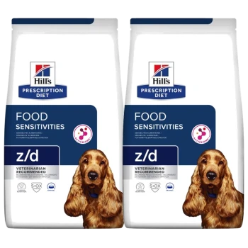 Sacs de nourriture pour chiens Hill's Prescription Diet z/d Food Sensitivities mettant en vedette un cocker spaniel doré, étiquetés "Recommandé par les vétérinaires."