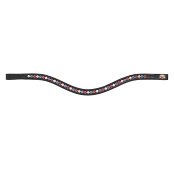 Ein stilvoller schwarzer Hundehalsband, verziert mit bunten Edelsteinen in Rot, Blau und Weiß, mit einem geschwungenen Design.