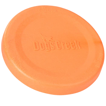 Orange dog frisbee with the embossed text "DogsCreek" on the surface, designed for outdoor play.