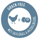 Blauer runder 'GRAIN FREE'-Button mit Hühnchen-Symbol und Heidelbeeren sowie Text 'MIT GEFLÜGEL & HEIDELBEERE'.