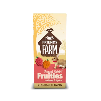 Tiny Friends Farm Russel Rabbit Fruities with Cherry & Apricot, 4.2oz/120g, featuring a rabbit with a red bow tie and fruit-shaped treats.