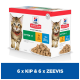 Hill's Science Plan kittenvoeding doos met een speelse kitten, met 6 porties kip en 6 porties zeevis, gelabeld 'Chunks & Gravy.'