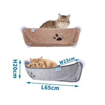 Zwei Katzenhängematten in verschiedenen Farben, eine braune mit Pfotenabdruck und eine graue, jeweils mit den Maßen: H20cm, B23cm, L65cm.