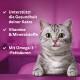 Eine graue getigerte Katze mit großen Augen und einem verspielten Ausdruck leckt sich die Lippen, vor einem lila Hintergrund. Textausschnitte beinhalten: "Unterstützt die Gesundheit deiner Katze," "Vitamine & Mineralstoffe," und "Mit Omega-3-Fettsäuren."