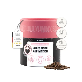Weicher Trainingssnack für Hunde und Katzen, mit Forelle und Köhler, beschriftet mit 'Alles Fisch auf'm Tisch' und Symbolen für getreidefrei und hohen Fleischanteil.