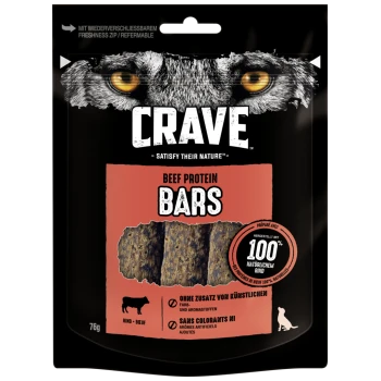 Gros plan de l'emballage des barres protéinées CRAVE au bœuf avec le visage d'un loup, fond noir, et texte : "100 % bœuf naturel", "sans couleurs artificielles."