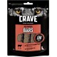 Nahaufnahme der Verpackung von CRAVE Rindfleisch-Proteinriegeln mit dem Gesicht eines Wolfes, schwarzem Hintergrund und Text: "100% natürliches Rindfleisch", "keine künstlichen Farben."