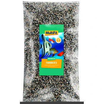 Een doorzichtige zak met MultiFit aquarium gekleurd grind, met een levendig label met afbeeldingen van vissen en de tekst 'Farbkies' en 'Neutrale pH.'