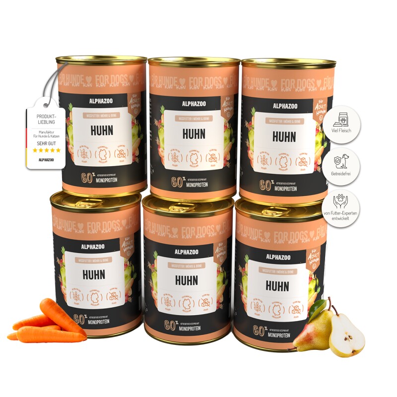 ALPHAZOO Monoprotein Huhn 6 x 400g, Nassfutter Huhn für Hunde