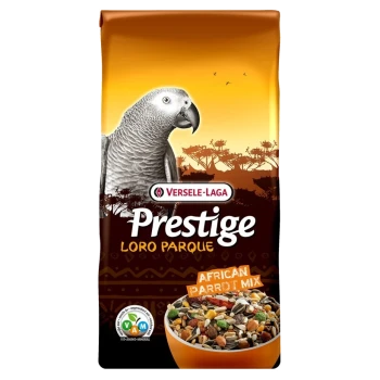 Eine Tüte Versele-Laga Prestige Loro Parque Afrikanisches Papageienfutter mit einer Abbildung eines Graupapageis, mit Text, der den Produktnamen hervorhebt.