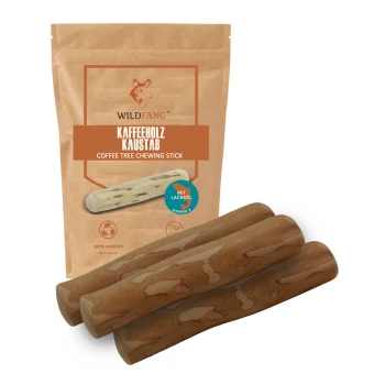 Kaffeebaum-Kaustick für Hunde, beschriftet mit 'WILDFANG Kaffeholz Kaustab', geeignet für mittelgroße Hunde (15-25 kg).
