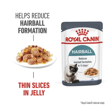 Royal Canin Hairball cat food pouch with a plate of thin slices in jelly, promoting hairball reduction in 14 days.