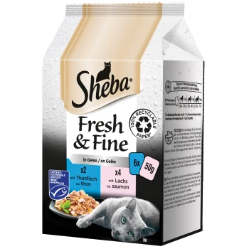 Sheba Fresh & Fine Katzenfutterverpackung, die eine graue Katze zeigt, mit 6 x 50g Portionen Thunfisch und Lachs in Gelee.